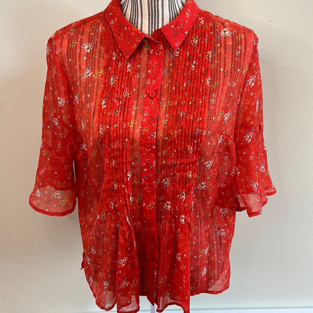 French Connection Red Floral Button Down Shirt